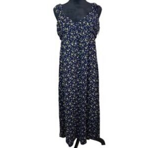LUSH Navy Floral Maxi Dress Ruffle Sleeve V Neck Side Slit Womens Size‎ L
